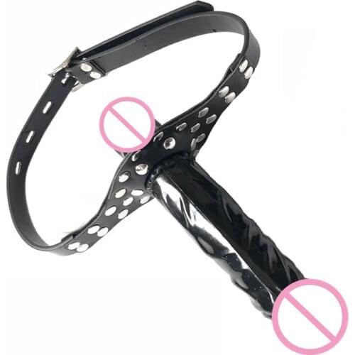 PU Leather Double-Ended Dildo Gag Strap On Head Harness Mouth Dildo Strapon Realistic Cock Dick Sex Product for Lesbian Women