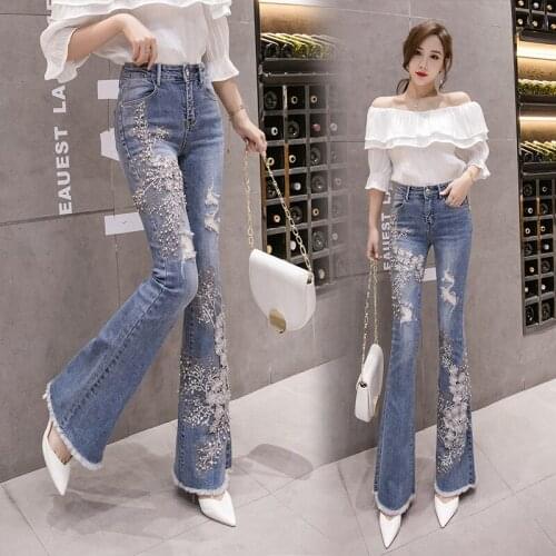 Womens flared jeans womens 2021 new high-waisted fringe heavy embroidered beaded fishtail slim slimming