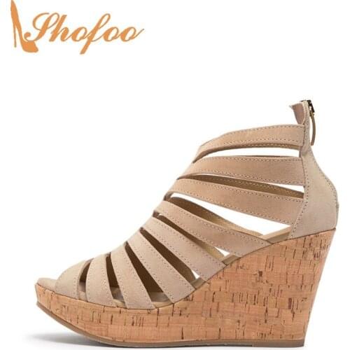 Brown Cork Platform High Wedge Heels Sandals Women Large Size 13 16 Ladies Fashion Strappy Caged Design Mature Sexy Shoes Shofoo