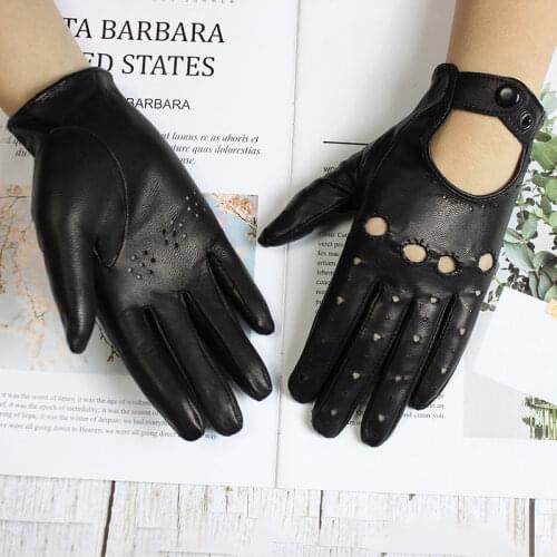 Motorcycle Riding Leather Gloves Womens Thin Sheepskin Full-Finger Hollow Spring and Autumn New Outdoor Driver Driving
