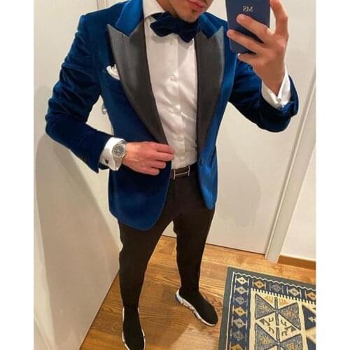 Mens Suits Velvet Slim Fit 2 Pieces Business Groom Jacket Tuxedos Blazer Suits for Wedding Prom Evening(Blazer+Pants)