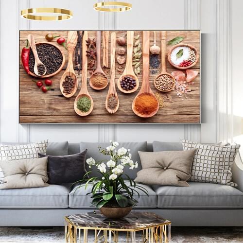 Kitchen Themed Wall Art Decor Colorful Spice and Spoon In Table Canvas Paintings Food Concept Retro Canvas Art Prints Cuadros