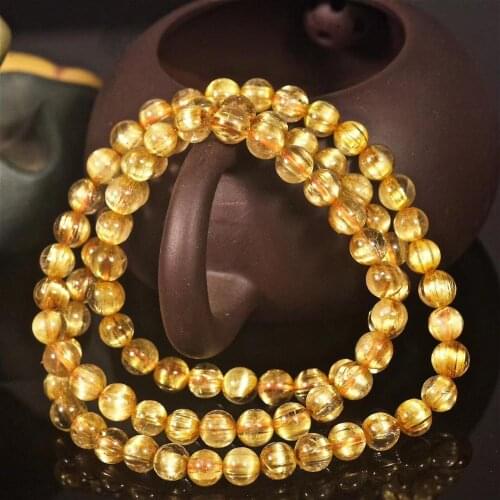 Top Brazil Natural Gold Rutilated Quartz Crystal Bracelet 6mm Clear Round Bead Stretch Three 3 Laps Women Drop Shipping AAAAA