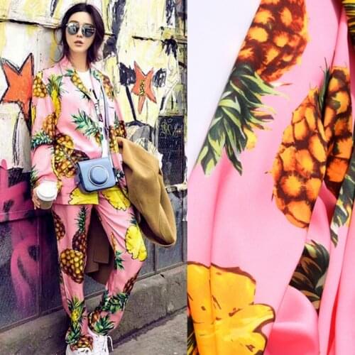 2017 new pineapple fashion digital painting emulation silk elastic satin fabric for dress coat tissu au meter bright cloth DIY