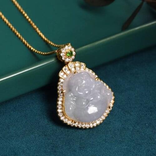 Natural Jade Violet Maitreya Buddha Pendant Necklace Short Sterling Silver Thick Plated 18K Gold Light Luxury Jewelry Adjustable