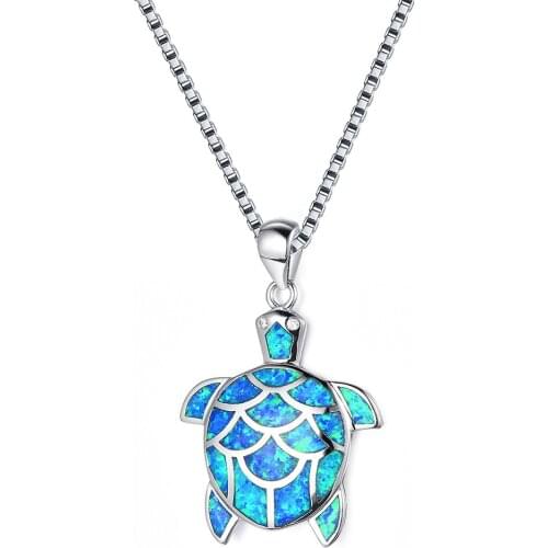 Cute Turtle Animals Shape Blue Fire Opal Silver Plated Pendant Necklaces for Women Party Wedding Necklace Christmas Gift Jewelry