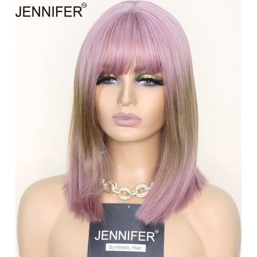 Synthetic Wigs Medium length Straight Bob Wigs With Bangs White tea/Pink 2 color wigs shoulder-length Cosplay Heat Resistant