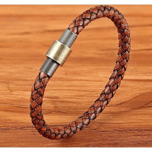 TYO Custom Stainless Steel Vintage Magnet Button Brown Braided Real Leather Bracelet Watch Woman Men Accessories Jewelry