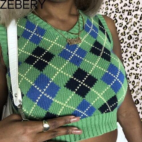E-girl Y2K Argyle Plaid Knitted Sweater Vest Female Streetwear Preppy Style Vintage Striped Clothes V Neck Tank Top Knitwear