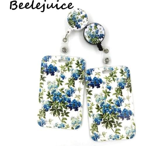 Blue Green Flowers ID Retractable Badge Holder Reel ID Badge Holder Clip Key Ring for Name Card Keychain Nurse Work Decorations