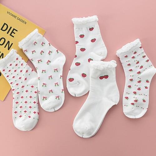 Women Socks Funny Female Cute Cartoon Fruits Strawberry Middle Happy Japanese Harajuku Skateboard Socks Long High Spring Autumn