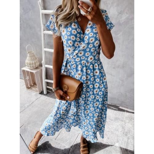 Women Dresses V-neck Short Sleeve Floral Print Midi Dress Summer Fashion Plus Size Slim Waist Lace-up A-line Long Dresses Party
