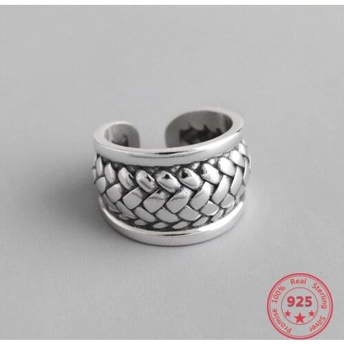 Real 925 Sterling Silver Ring Braided Wide Face Women Girls Fashion Personality Ring Opening Silver Retro Ring Jewelry Gift