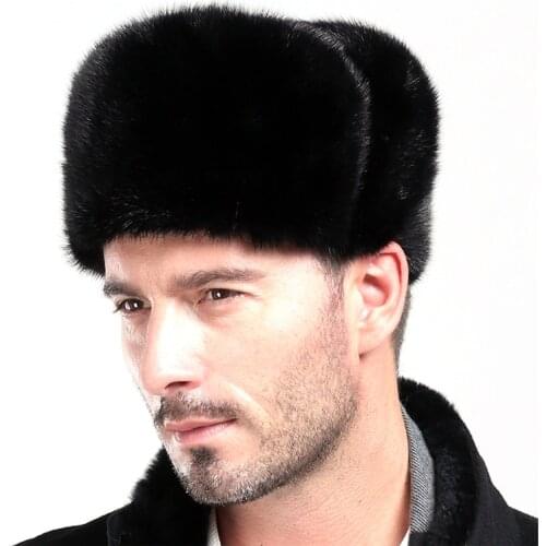 Winter hat earflap men real mink fur hats fur protect ear warm enough russian ushanka Genuine Leather bomber hat