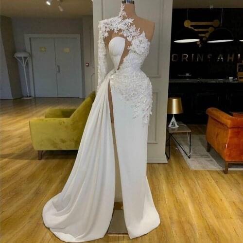 2020 Arabic Dubai Lace White Prom Dresses High Neck One Shoulder Long Sleeve Formal Evening Gowns Side Split Party Dress
