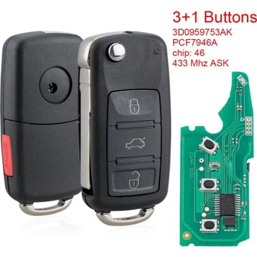 3 + 1 Buttons 433MHz ASK Flip Remote Key Fob with ID46 Chip 3D0959753AK Fit for VW Volkswagen Phaeton 2002-2010