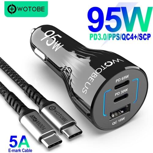 95W USB C Car Charger,3-port PPS/PD 65W/45W/30W/20W QC3.0 18W for xiaomi HUAWEI TYPE C laptop tablet iphone 12 S20/Note 10/20