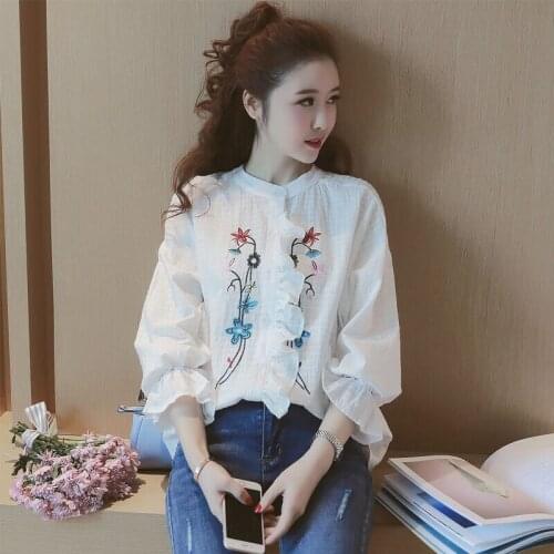 Pure cotton embroidered white shirt new womens Korean version of the collar lotus leaf side top embroidered loose-sleeved shirt
