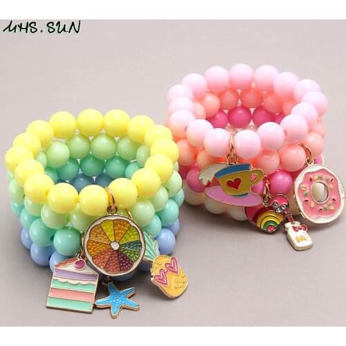 MHS.SUN New Colorful Plastic Beads Bracelets Bangles With Charms Pendants For Child/Kids/Girls Elastic Bracelets Fashion Jewelry