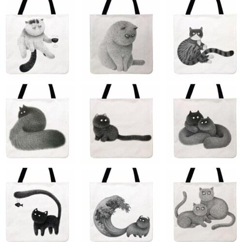 Black And White Pencil Drawing Print Tote Bag Big Stupid Cat Casual Tote Ladies Shoulder Bag Shopping Bag Outdoor Beach Bags