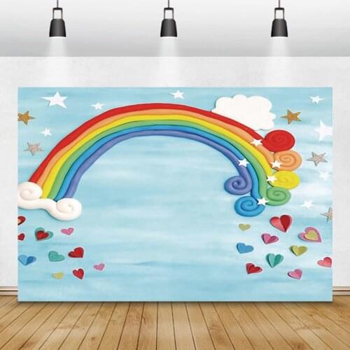 Baby Cartoon Photo Backdrop For Baby Shower Rainbow Sky Happy 1st Birthday Portrait Photo Background Photocall For Photo Studio