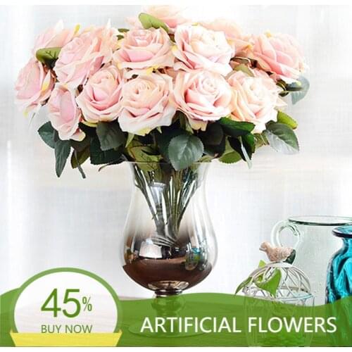 10 Heads Artificial Rose Flowers Bouquet Silk Flowers Rose for Home Bridal Wedding Party Festival Decor