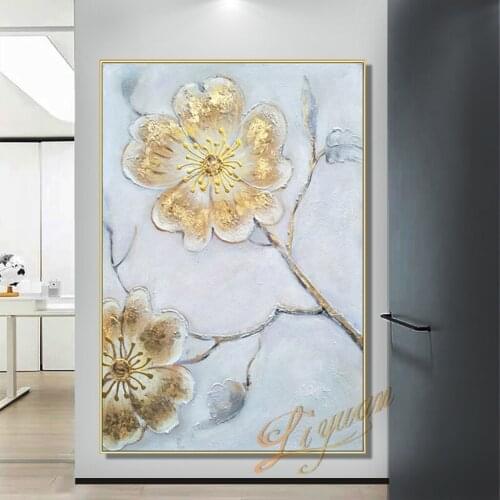 Three Gold Flowers Abstract Oil Painting Modern Hand-painted Wall Art Living Room Picture Home Decoration salon chambre fille
