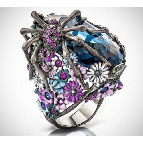Antique Silver & Gold Color Spider Rings for Women Blue Zircon Ring Colorful Flower Ring Halloween Party Punk Jewelry Gifts
