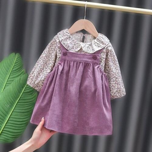 2021 New Spring Autumn Floral Top+Strap Dress 2Pcs Baby Girl Clothes Toddler Infant Kid Dress Children Clothes Set