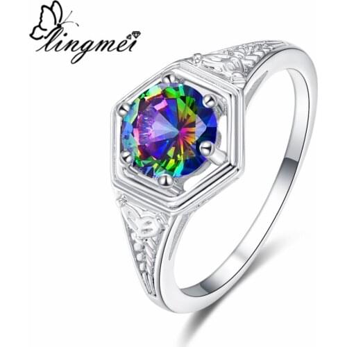 Lingmei High Quality Round Simple Stylish Gorgeous Rainbow Multicolor Blue Zircon Silver Color Fashion Ring Size 6 7 8 9 Jewelry