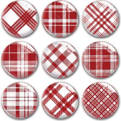 Handmade Buffalo Plaid Red White Pattern Round Photo Glass Cabochons Demo Flat Back DIY Jewelry Making Findings Accessory