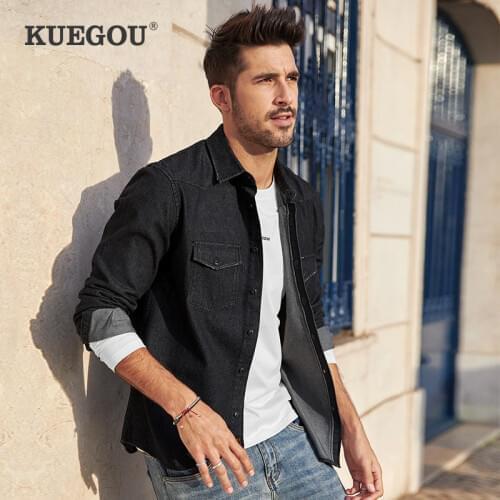 KUEGOU Cotton clothing autumn denim shirt men Black shirts long sleeve leisure fashion coat top plus size BC-6996
