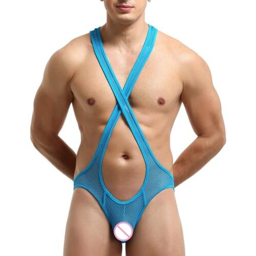 Men Lingerie Erotic Thong G-String Back Crisscross Bulge Pouch Sheer Mesh Leotard Jockstrap Underwear Wrestling Singlet Bodysuit