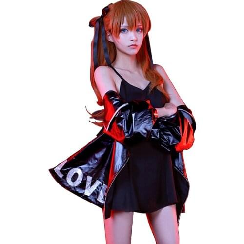 New! EVA cos Asuka Cool Sexy Black Dress Cosplay Anime Figure suit Womens Costume