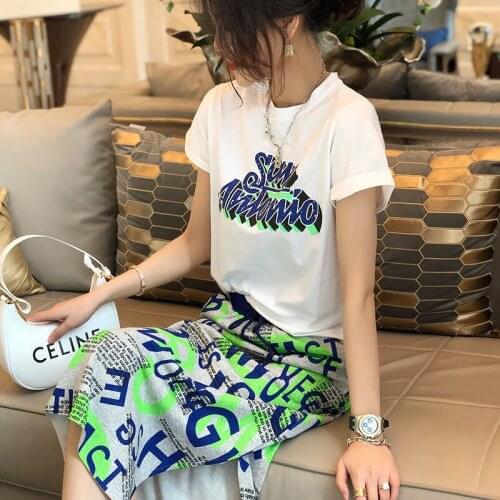 2021 summer new womens split floral skirt set foreign style printed T-shirt two-piece set