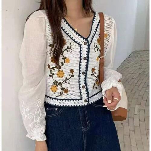 New Spring Autumn Women Blouse Retro Female Cardigan long-sleeve embroidery knitted top Hollow out Crochet shirt