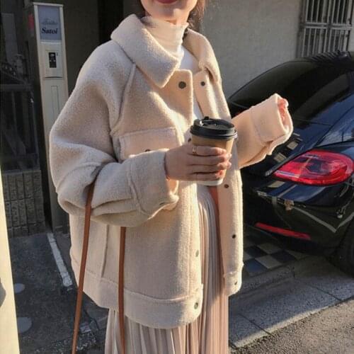 LMQ New Lambswool Large Sizes Coats Sheepskin Plush Loose Warm Cozy Shirt Jacket Faux Fleece Button Pocket Outerwear Fall Winter