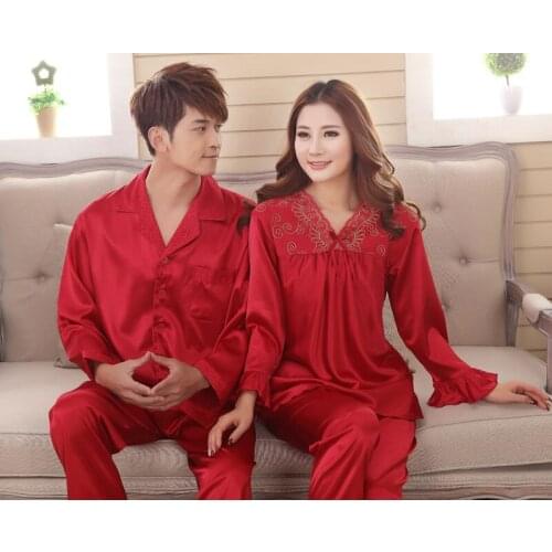Faux silk sleep lounge Rayon pajama sets for men women sleepwear red marriage wedding pijamas ladys pyjamas female homewear