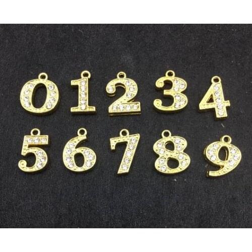 Rhinestones Gold Color Number Pendant 200PCS/lot 0 - 9 Fit For DIY Phone Strips & Keychains