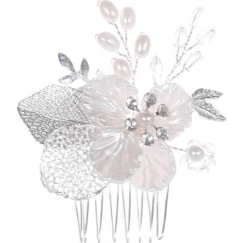 Simple Artificial Pearl Hair Comb Hand-woven Leaves Flower Headdress Bride Wedding Tiara Jewelry Hairpin 62KE
