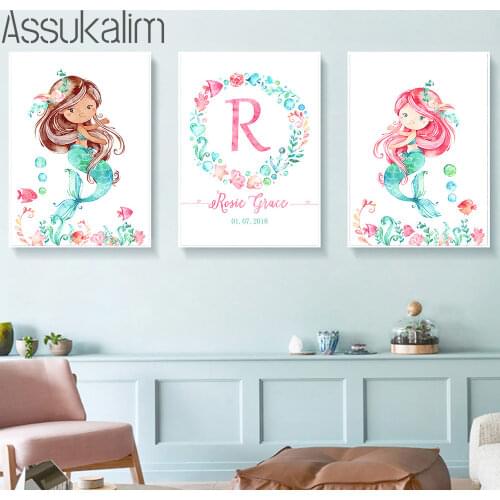 Nursery Wall Art Poster Mermaid Print Custom Name Canvas Painting Flower Prints Nordic Wall Pictures For Baby Girl Bedroom Decor