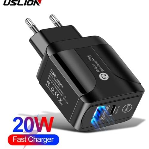 USLION EU Plug 20W QC3.0 Fast Charger USB Charging PD USB Quick Charger Adapter For iPhone 12 Samsung Xiaomi Smart phone charger