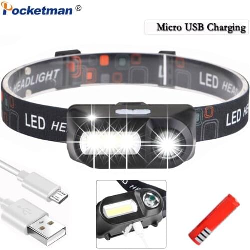XPE+COB USB Charging LED Headlamp Portable LED Headlight Super Bright Head Light Outdoor Waterproof Head Torch by 18650 Battery