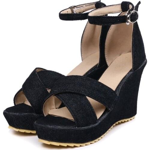 2020 new arrive women sandals fashion denim casual summer shoes simple buckle 10cm comfortable wedges shoes woman black blue 39