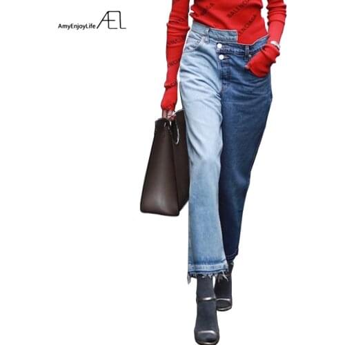 AEL Fashion Asymmetric Waistband Jeans Wide Leg Woman Ninth Pants Panelled Spring Autumn Casual Femme Denims