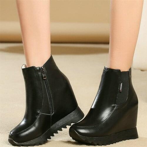 High Top Punk Creepers Women Genuine Leather Wedges High Heel Motorcycle Boots Female Round Toe Fashion Sneakers Casual Shoes