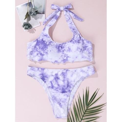 Womens Tie-Dye Printed Swimsuit Lace 2 Piece Set Purple