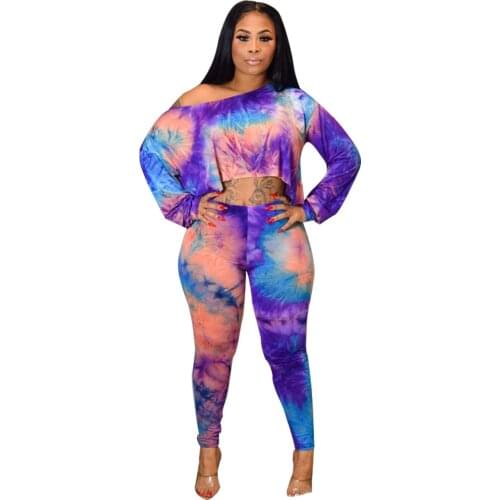 2019 New Women Sets Tie Dye Galaxy Print Off Shoulder Long Sleeve Tee Pants Suit Two Piece Set Casual Sporty Tracksuit Outfit