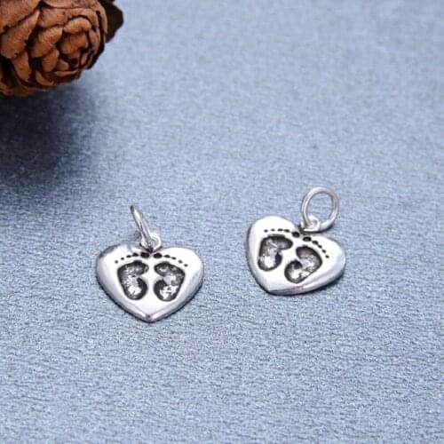 100% 925 Silver Heart-shape Charm Small Thai Silver foot-print Love Pendant DIY Bracelet Charms