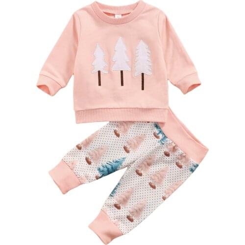 2 Pcs Infant Casual Outfits, Girls Christmas Tree Pattern Long Sleeve Round Neck Sweatshirt + Color Block Pants
